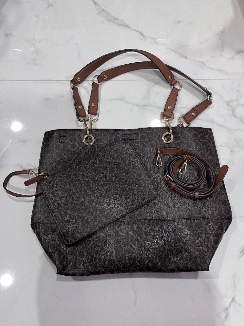 Calvin Klein CK Signature Monogram Brown Tote Bag + Crossbody Strap & Pouch